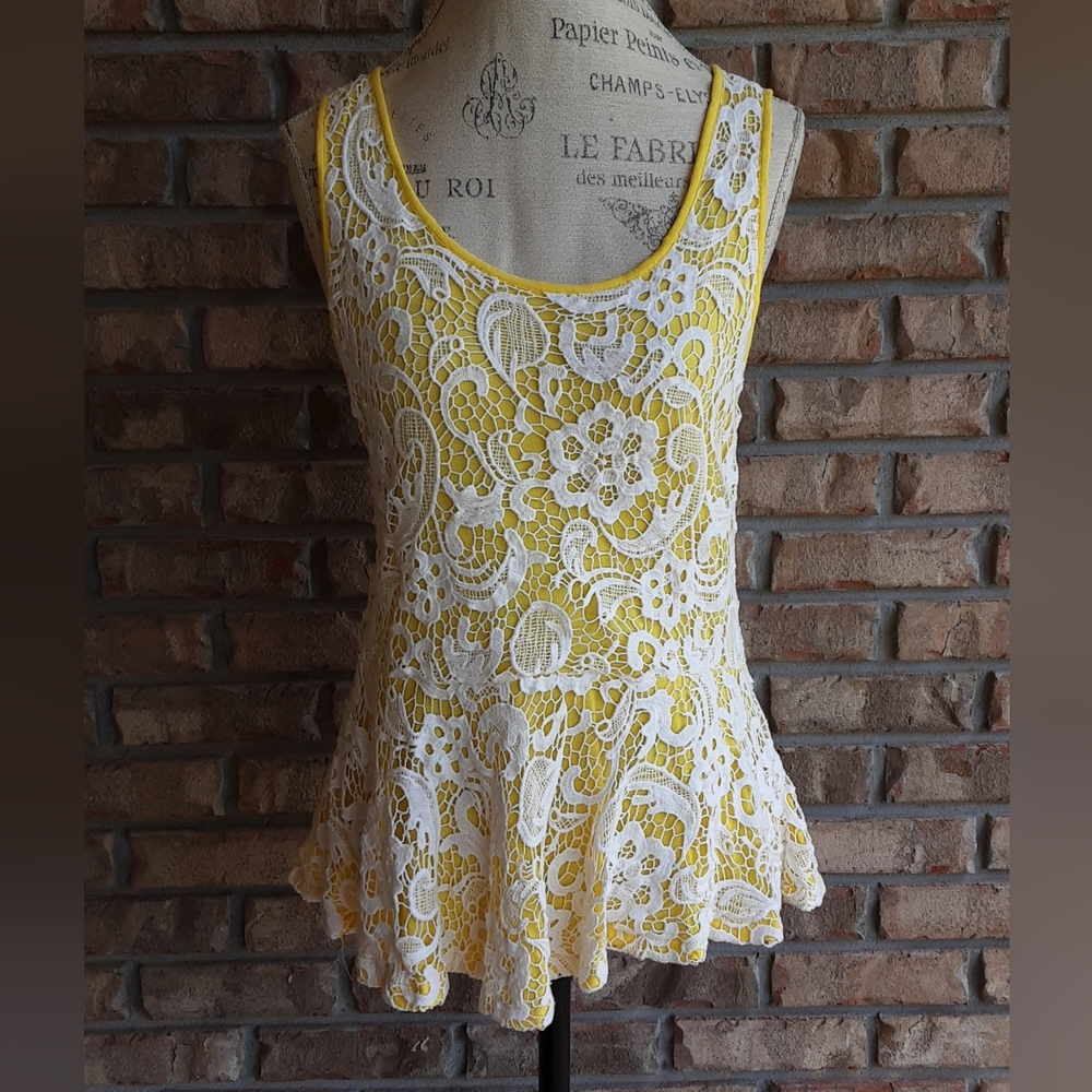 Meadow Rue Emilia Yellow and White Peplum Top